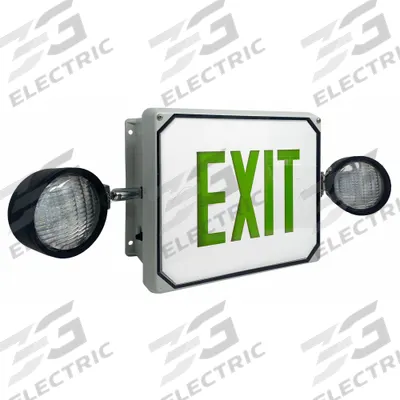 BIG BEAM Food Safe Combo Exit Sign: Gray, LED, Green, 1 Faces, Wall - Fiberglass Exit Signs with Round Side-Mount Light Heads