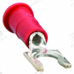 3M Fork Terminals: Red, Vinyl, #6 Stud Size, 22 AWG – 18 AWG Wire Range, Locking Fork, 1,000 V (MPN MV18-6FLX). Key specifications — Barrel Style: Funnel Entry; Manufacturer Part Number: MV18-6FLX; Brand: 3M.