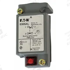 EATON Limit Switch Body: EN50041 Body, 2 Mounting Holes, 1NO/1NC, Metallic (MPN E50SAL). Key specifications — Compatible with Series: E50; Brand: EATON; Indicating Light: LED; Body Material Type: Metallic.