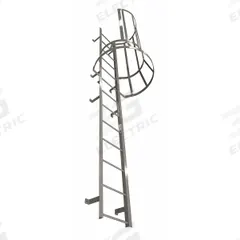 COTTERMAN Fixed Ladder with Safety Cage: 26 ft Overall Ht, 26 in Overall Wd, Steel, 27 Rungs (MPN M27SC L10 C1). Key specifications — Brand: COTTERMAN; Assembly: Assembled; Number of Sections: 4.