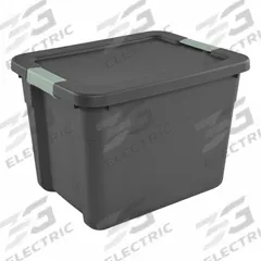 STERILITE Latch Tote: 12 gal, 19 1/2 in x 15 3/8 in x 13 7/8 in, Black Body, 10 to 20 gal, Black (MPN 15169306). Key specifications — Material: Plastic; Body Color: Black; Brand: STERILITE.