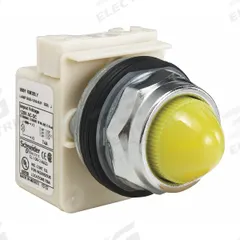 SCHNEIDER ELECTRIC Pilot Light: 30 mm Panel Mounting Size, Yellow, LED, 9001K Series (MPN 9001KP38LYY9). Key specifications — Series: 9001K; Brand: SCHNEIDER; Includes Push-To-Test: No Push-To-Test Included.