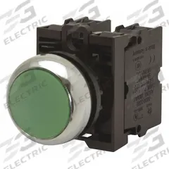 EATON Illuminated Push Button: Illuminated, Flush Profile, Non-Metallic, 22 mm, 1NO/1NC (MPN M22-DL-G-K11-G). Key specifications — Brand: EATON; Action: Momentary; Series: M22; Push Button Material Type: Non-Metallic.