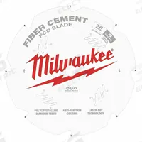 MILWAUKEE Circular Saw Blade: 12 in Blade Dia., 8 Teeth, 0.08 in Cut Wd, 1 in Arbor Size, Carbide (MPN 48-40-7020). Key specifications — attr1116119: MILWAUKEE; attr1145631: Fiber Cement.