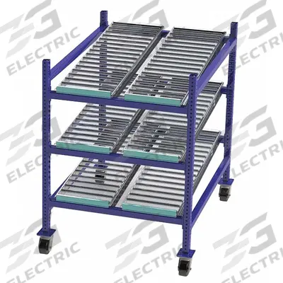 UNEX FLOW CELL Gravity Flow Rack: 36 in x 48 in x 54 in, Tilt, 3 Shelves - Roller Track Bolted Mobile Flow Racks