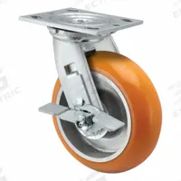 PEMCO Caster: Swivel, Side Brake, Polyurethane, 6 in Wheel Dia, 2 in Wheel Wd, 7 1/2 in Mounting Ht (MPN ES6X2ANTBK). Key specifications — Wheel Bearing Type: Ball; Wheel/Tread Color: Orange; Brand: PEMCO; Caster Type: Swivel.