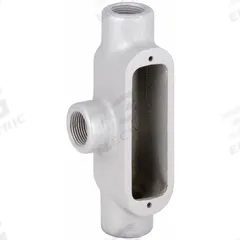 Conduit Outlet Body: Iron, 1 1/2 in Trade Size, T Body, 42.5 cu in Body Capacity, Threaded Hub (MPN T58). Key specifications — Finish: Powder Coated; Includes: Set Screw Hubs; For Use With: RMC; Brand: HUBBELL KILLARK; Hub Style: Threaded; Mfr. Series: Duraloy 8.