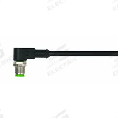 Cordset: M12 Male Right Angle X Bare Wire, 4 Pins, Black, PUR, 1 m Cable Lg, 4 A Max Current (A) (MPN 7000-12101-6340100). Key specifications — Cable Jacket Color: Black; End 1 Gender: Male; End 1 Mounting Orientation: Right Angle; End 2 Connection Type: Bare Wire; IP Rating: IP67; Brand: MURRELEKTRONIK; Wire Size: 22 AWG; Cable Jacket Material: PUR.