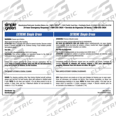 SIMPLE GREEN Secondary Bottle Label: 4 in Ht, 6 in Wd, Extreme Simple Green - Secondary Container Labels and Tags