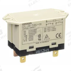 OMRON Enclosed Power Relay: Surface (Top Flange) Mounted, 25 A Current Rating, 24V DC, DPST-NO (MPN G7L-2A-TUBJ-CB-DC24). Key specifications — Brand: OMRON; Base Type: Square; Contact Rating (AC): 25 A @ 220V; Mounting Style: Top Flange; Electrical Connection: Quick-Connect; Manufacturer Part Number: G7L-2A-TUBJ-CB-DC24; Operating Current: 25 A; Series: G7L Series.