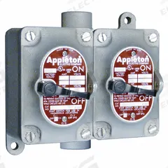 APPLETON ELECTRIC Tumbler Switch: 2 Gang, 4-Way, 20 A, 277 V AC, Feed-Thru Hub, 1 in Hub Size (MPN EDSC210-F4W). Key specifications — attr211272: APPLETON ELECTRIC.