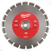 MILWAUKEE Diamond Saw Blade: Asphalt, 14 in Blade Dia., 1 in Arbor Size, Wet/Dry, Better, Segmented (MPN 49-93-7240). Key specifications — attr1097734: Wet/Dry; attr1097738: Handheld Concrete Saw; attr1097751: MILWAUKEE.