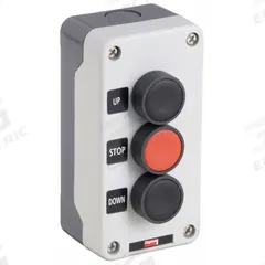 DAYTON Control Station: (3) Push Buttons, 0 Pilot Lights, 2NO/1NC, Up/Stop/Down, (3) Push Buttons (MPN 32W273). Key specifications — Brand: DAYTON; Operator Legend: Up/Stop/Down; Operator Color: Red; Operator Configuration: (3) Push Buttons; Operator Configuration Type: (3) Push Buttons.