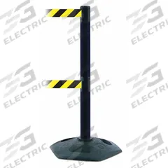 TENSABARRIER Barrier Post with Belt: Black/Yellow, Chevron, No Legend, 7 1/2 ft Belt Lg, Black (MPN 886T2-33-STD-NO-D4X-C). Key specifications — Base Material: Rubber; Belt Color: Black/Yellow; Brand: TENSABARRIER; Post Material: Plastic; Post Color: Black; Message: No Legend.