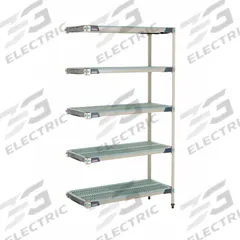 METRO Plastic Industrial Shelving: 18 in x 42 in, 74 in Overall Ht, 5 Shelves, Antimicrobial (MPN 5AX347GX3). Key specifications — Resistance Properties: Antimicrobial; Frame Material: 304 Stainless Steel; Shelving Material: Polymer; Brand: METRO.