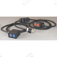KH INDUSTRIES Power Stringer: 30 ft Lg, 3 Outlet Boxes, 6 Outlets, 10/5, L21-20P Plug, 120/208V AC (MPN PS6DD3-520-B10G-L2120D). Key specifications — Power Indicator: No; NEMA Plug Configuration: L21-20P; Temperature Rating: -40° to 194°F; Brand: KH INDUSTRIES.