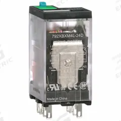 SCHNEIDER General Purpose Relay: Socket Mounted, 12 A Current Rating, 24V DC, DPDT, 8 Pins/Terminals (MPN 792XBXM4L-24D). Key specifications — Brand: SCHNEIDER; Base Type: Square; Mounting Style: Plug-In; Electrical Connection: Faston Connector; Manufacturer Part Number: 792XBXM4L-24D; Operating Current: 12 A at 277V AC (Conforming to UL); Series: 792 Series.