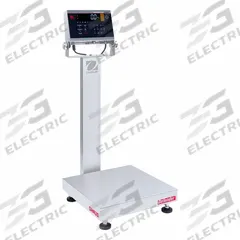 OHAUS Industrial Bench Scale: 18 in x 18 in, IP68/IP69K, Column-Mounted, Stainless Steel (MPN D61XWE25WQL7). Key specifications — Connection Ports: Wi-Fi®; Readability: 0.002 lb/1 g; Brand: OHAUS; Weighing Surface Material: Stainless Steel.