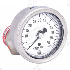 ASHCROFT Pressure Gauge with Diaphragm Seal: 0 psi to 60 psi, 1009/310-315, 2 1/2 in Dial, Glycerin (MPN 251009AW02B/310SSLXCG60). Key specifications — Brand: ASHCROFT; Gauge Case Liquid: None; Seal Fill Liquid: Glycerin; Gauge Case Material: 304 Stainless Steel; Seal Lower Housing Material: 316L Stainless Steel; Accuracy: ±1.50%.