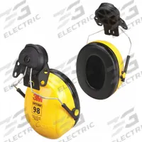 3M PELTOR Earmuffs: Hard Hat-Mounted Earmuff, Passive, 23 dB NRR, Foam/Polyurethane/PVC, Yellow (MPN H9P3E). Key specifications — Sub-brand: PELTOR(TM) Optime(TM) 98; Style: Rigid; Dielectric: No; Electrically Insulated: No; Band Material: Acetal; Cushion Material: Foam; Cup Material: ABS; Series: Optime 98.
