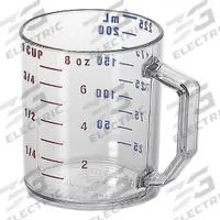 CAMBRO Measuring Cup: Dry/Liquid, 1 C Capacity, Polycarbonate, Clear, 3 1/2 in Overall Lg, Clear (MPN CA25MCCW135). Key specifications — Dry/Liquid: Liquid; Material: Polycarbonate; Color: Clear; Brand: CAMBRO; NSF Certified: Yes; Graduation Subdivisions: 1 cup.