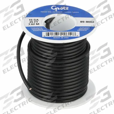GROTE Primary Automotive Wire: GPT, 25 ft, 1 Conductor, 16 AWG, Black - PVC-Insulated General Purpose Primary Wires