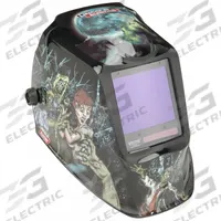 LINCOLN ELECTRIC Welding Helmet: Auto-Darkening, 4 Arc Sensors, Graphics, Zombie, W5 to W13, Digital (MPN K4158-4). Key specifications — Color: Graphics; Suspension Adjustment Type: Ratchet; Series: Viking 3350; Graphics: Zombie; Viewing Area: 3.74 in x 3.34 in; Brand: LINCOLN ELECTRIC; Grind Mode: Yes; Helmet Material: Polycarbonate.