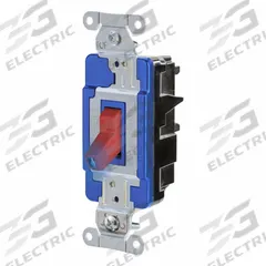 HUBBELL Wall Switch: Toggle Switch, Single Pole, Maintained, Red, 120/277V AC, 15 A (MPN HBL1201STILR). Key specifications — Illuminated: Yes; Voltage Rating: 120/277V AC.