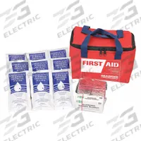 FIRST AID ONLY Survival Kit: 16 Components, Handbag, 1 People Served (MPN 54595). Key specifications — Rations Included: (9) Purified Water Packets; Housing Material: Fabric; Container Type: Handbag; PPE and Shelter Supplies Included: Aluminized Thermal Blanket; Brand: FIRST AID ONLY.