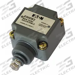 EATON Limit Switch Head: Plunger, Side, E50 Series (MPN E50DS2). Key specifications — Compatible with Series: E50; Actuator Location: Side; Brand: EATON; Action: Momentary; Arm/Operator Material: Non-Metallic.