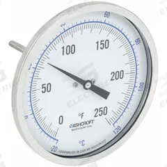 ASHCROFT Dial Thermometer: 0°F to 250°F /-20°C to 120°C, ±1% Accuracy, 4 in Stem Lg, 5 in Dial Dia (MPN 50EI60R). Key specifications — Accuracy: ±1 %; Brand: ASHCROFT.