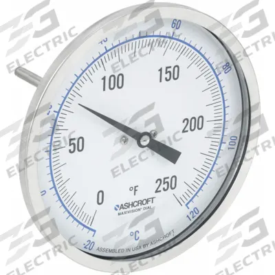 ASHCROFT Dial Thermometer: 0°F to 250°F /-20°C to 120°C, ±1% Accuracy, 4 in Stem Lg - Back-Mount Fixed-Angle Thread-Mount Dial Thermometers