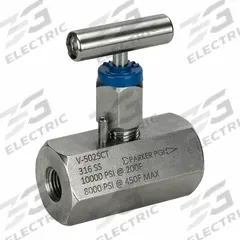 PARKER Needle Valve: Inline Valve Body, 316 Stainless Steel, 1/2 in Pipe Size, FNPT x FNPT, Female (MPN V-508SCT). Key specifications — Standards: ASTM A 696; Brand: PARKER; Connection Gender - Side 2: Female; Connection Gender - Side 1: Female; Connection Type - Side 1: NPT; Connection Type - Side 2: NPT; Connection Type: FNPT x FNPT.
