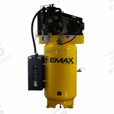 EMAX Electric Air Compressor: 5 hp, 2 Stage, Vertical, 80 gal, 19 cfm, 175 psi - Quiet Pressure Lubricated Electric Air Compressors with Silencer