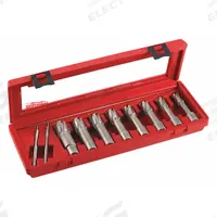 MILWAUKEE Annular Cutter Set: 2 in Max Cutting Dp, Pilot Pin Included, Bright (Uncoated), 8 Cutters (MPN 49-22-8440). Key specifications — attr253884: Yes; attr253885: Bright (Uncoated); attr253886: Carbide Tipped; attr253887: Weldon Flat; attr253888: Fractional Inch; attr253891: 9/16 in; attr277149: MILWAUKEE.