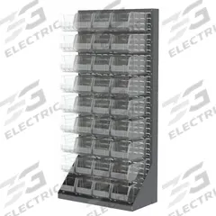 AKRO-MILS Louvered Floor Rack: 75 in x 36 in x 17 in, 1 Sides, 36 Bins, Gray (MPN 30651240SC). Key specifications — Bin Style: Hang and Stack; Color: Gray; Bin Color: Clear; Finish: Powder Coated; Brand: AKRO-MILS.