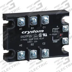 CRYDOM Solid State Relay: Surface Mounted, 50 A Max Output Current, SCR, AC Output (MPN D53TP50D-10). Key specifications — Brand: CRYDOM; Current Type: DC; Electrical Connection: Saddle Clamp; Screw; Finger Safe: Yes; Input Current: 35 mA; Maximum Output Current without Heat Sink: Not Recommended; Mounting Style: Panel.