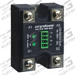 CRYDOM Dual Solid State Relay: Surface Mounted, 25 A Max Output Current, SCR, AC Output (MPN CD2425W3V). Key specifications — Brand: CRYDOM; Current Type: AC; Electrical Connection: Screw Clamp; Finger Safe: No; Input Current: 10 mA; Maximum Output Current without Heat Sink: Not Recommended; Mounting Style: Panel; Output Voltage: 24 to 280V AC.