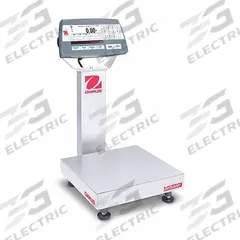 OHAUS Industrial Bench Scale: 12 in x 12 in, Not IP Rated, Column-Mounted, Defender 5000 (MPN 30461630). Key specifications — Connection Ports: 2 In/4 Out Discrete I/O; Readability: 0.001 lb/0.5 g; Brand: OHAUS; Weighing Surface Material: Stainless Steel.