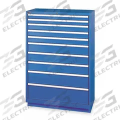 LISTA Modular Drawer Cabinet: 40 1/4 in x 22 1/2 in x 59 1/2 in, 10 Drawers, 159 Compartments, Steel (MPN HS13-1002A-FTKABB). Key specifications — Drawer Inside Height: (3) 5 in; Drawer Access: Single; Base Type: Frame; Number of Compartments per Drawer: (3) 18; Brand: LISTA; Cabinet Color: Bright Blue.