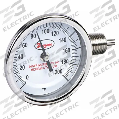 Dwyer Dial Thermometer: 0°F to 200°F, ±2%Full Scale Accuracy, 6 in Stem Lg - Side- & Bottom-Mount Fixed-Angle Thread-Mount Dial Thermometers