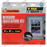 FROST KING Window Insulation Kit: 5.2 ft Overall Lg, 3.5 ft Overall Wd, Plastic Film, 9 Sheets (MPN V73/9H). Key specifications — Color: Clear; Material: Plastic Film.