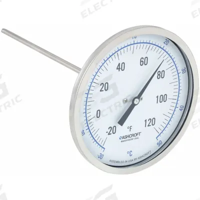 ASHCROFT Dial Thermometer: -20°F to 120°F /-30°C to 50°C, ±1% Accuracy, 9 in Stem Lg - Back-Mount Fixed-Angle Thread-Mount Dial Thermometers