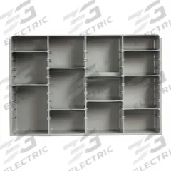 Compartment Drawer Insert: 18 in x 12 in x 3 in, 11 9/16 in x 4 5/16 in, 4 Compartments, 9 Dividers (MPN 124-95-ADL-IND). Key specifications — Color: Gray; Compartment HxWxD: (4) 11-9/16 in x 4-5/16 in; Removable Dividers: Front to Back; Compatible Manufacturer Model Number: 123-95; Brand: DURHAM MFG.