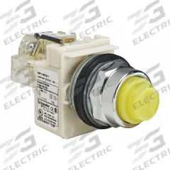 SCHNEIDER ELECTRIC Pilot Light: 30 mm Panel Mounting Size, Yellow, LED, 9001K Series (MPN 9001KT38LYY31). Key specifications — Series: 9001K; Brand: SCHNEIDER; Includes Push-To-Test: Push-To-Test Included.