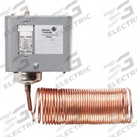 JOHNSON CONTROLS Line Volt Mechanical Tstat: 100° to 170°F, Steel, Manual Reset, 8°F (MPN A70KA-1C). Key specifications — Switch Type/Action: SPST, Open/Close on Rise; Temperature Control Range: 100° to 170°F; Temperature Differential: 8°F; Voltage: 120 to 600V AC; Capillary Length/Bulb Diameter: 6 ft Capillary, 10 in x 3/8 in Bulb; Brand: JOHNSON CONTROLS; Differential Type: Manual Reset; Enclosure Material: Steel.