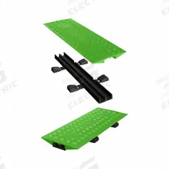 CHECKERS HI-VIZ CABLE PROTECTOR: 2 Channels, Drop Over, 1 1/2 in Max Cable Dia, 13 in Wd, 2 in Ht (MPN CL2X1505GDFLG/B). Key specifications — attr1468: CHECKERS; attr1473: Hi-Viz Green (Top)/Black (Base); attr1477: Cover; attr1483: Polyurethane.