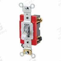 LEVITON Wall Switch: Toggle Switch, Double Pole, Maintained, Clear, 120V AC, 20 A (MPN 1222-PLC). Key specifications — Illuminated: Yes.