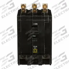 SQUARE D Miniature Circuit Breaker: 90 A, 120/240V AC, Three Phase, 22kA at 120/240V AC, 3 Poles (MPN QOB390VH). Key specifications — Phase: Three; Amps: 90 A; AC Voltage Rating: 120/240V AC; Max. AIR Rating: 22kA at 120/240V AC; For Use With: Square D NQOD Panelboards; Brand: SQUARE D.