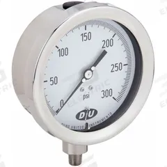 DURO Industrial Pressure Gauge: 0 psi to 300 psi, White, 4 1/2 in Dial, 1/4 in NPT Male, Bottom, 20 (MPN 4.2070813E7). Key specifications — Brand: DURO; Pointer Color: Black; Accuracy: ±0.5%; Dial Color: White; Gauge Wetted Parts: Stainless Steel; Case Material: Stainless Steel; Vibration Resistance Properties: None; Pressure Range: 0 psi to 300 psi.